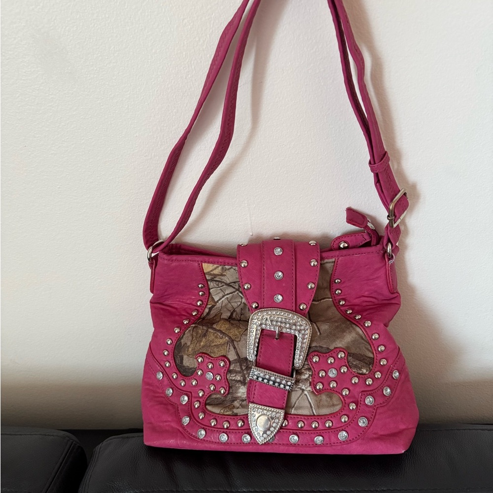 Fuchsia Western Studded Buckle Crossbody Bag
